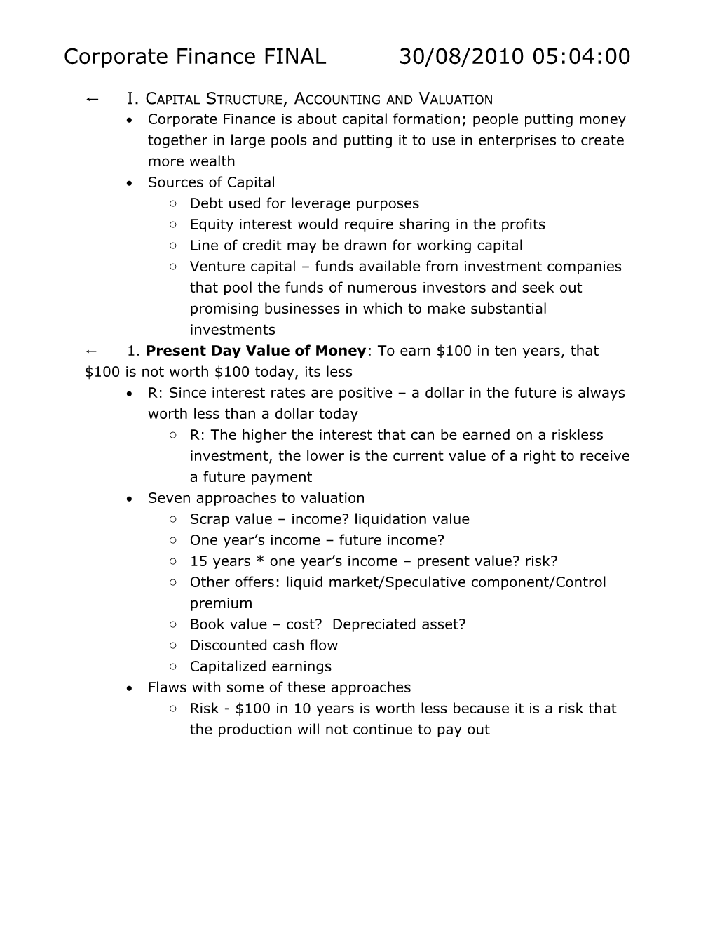 I. Capital Structure, Accounting and Valuation