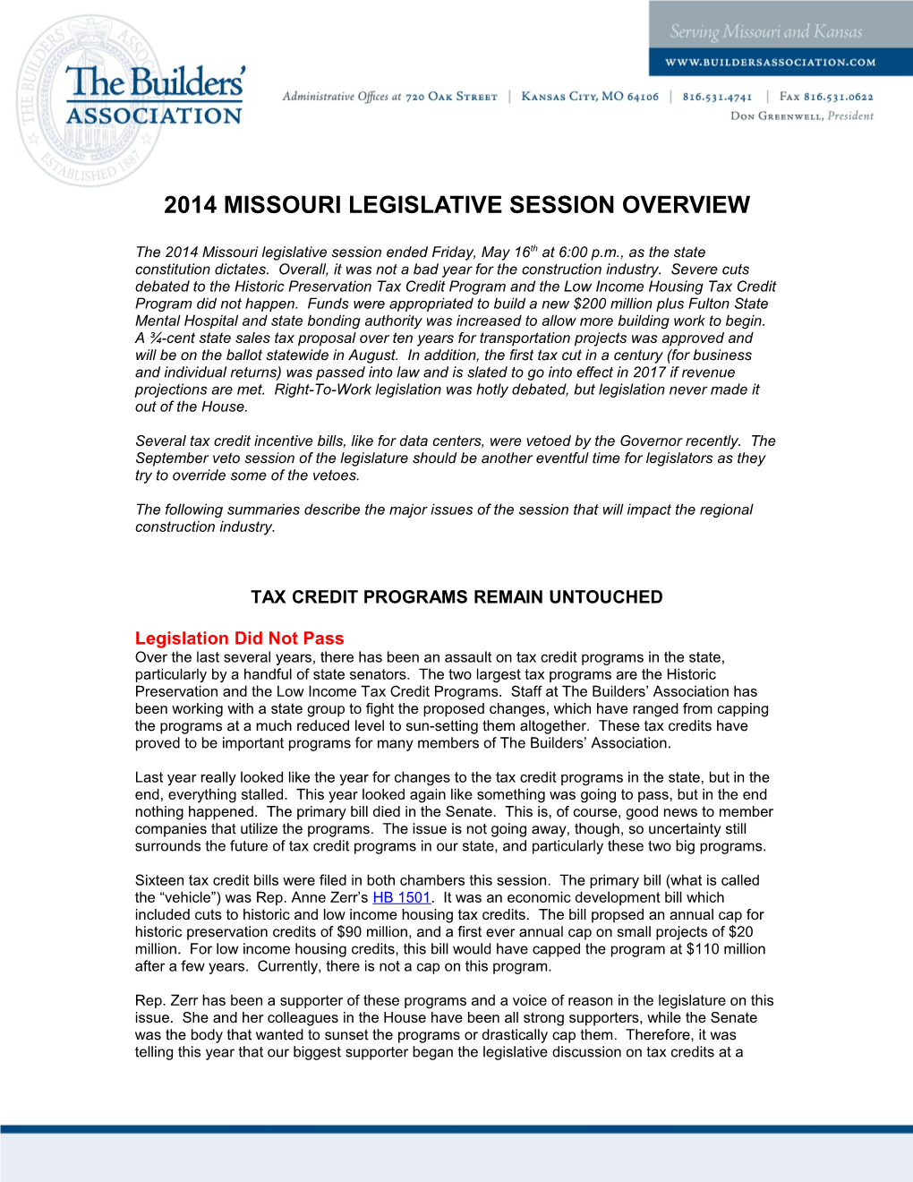 2014 Missouri Legislative Session Overview