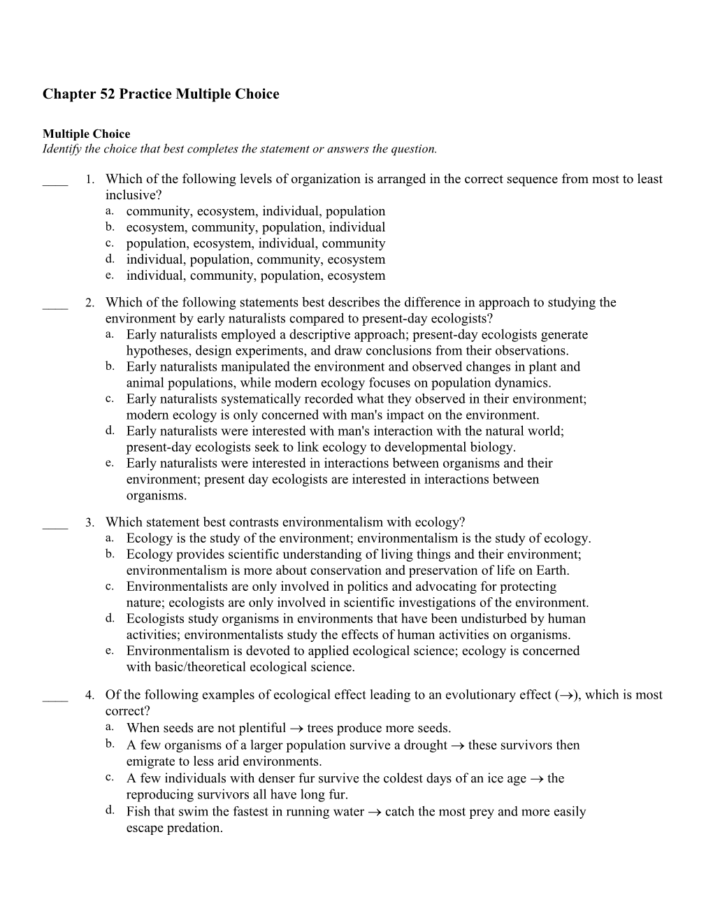 Chapter 52 Practice Multiple Choice