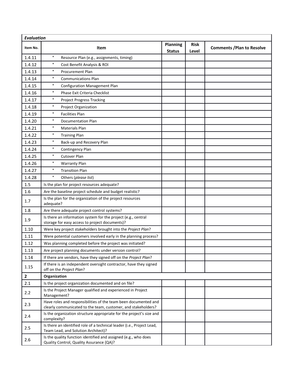 Project Planning Risk Evaluation Checklist Template