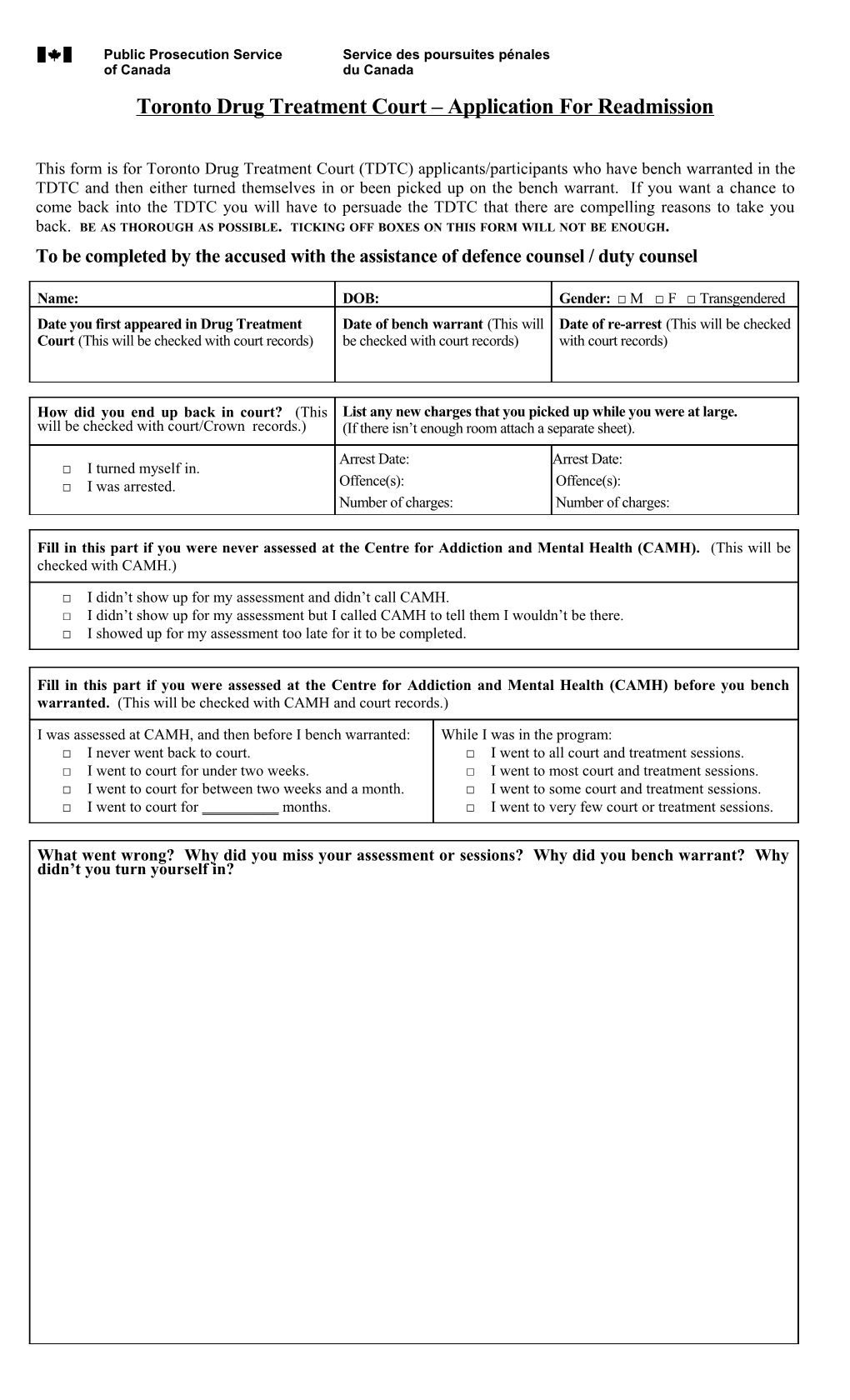 Toronto Drug Treatment Court Request Application for Special Considerationreadmission