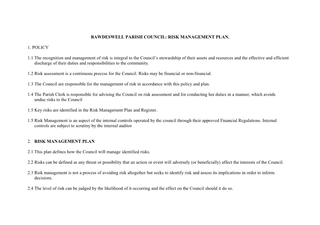 Bawdeswell Parish Council: Risk Management Plan