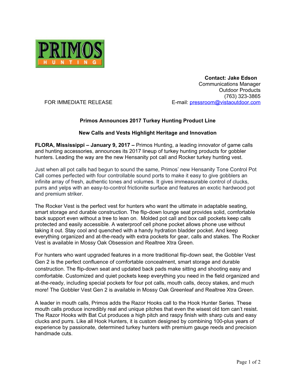 Primos Announces2017 Turkey Hunting Product Line