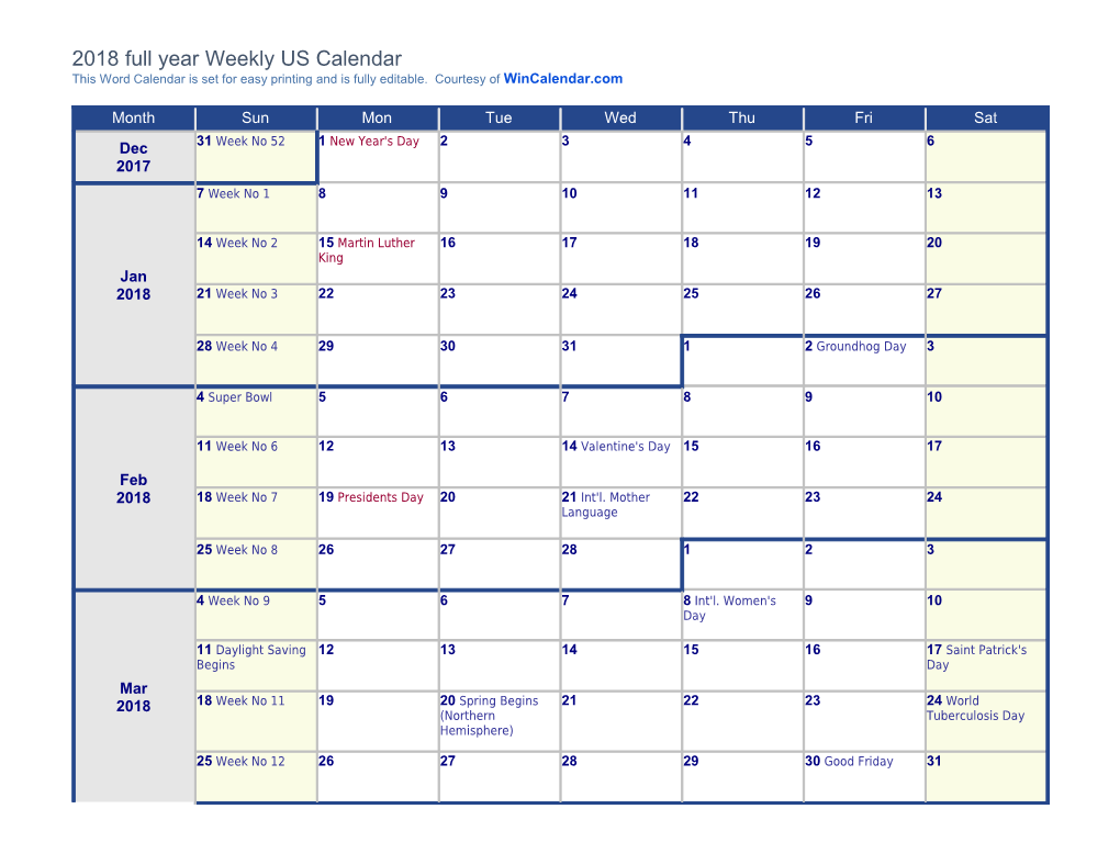 2018 Calendar with US Holidays - by Week