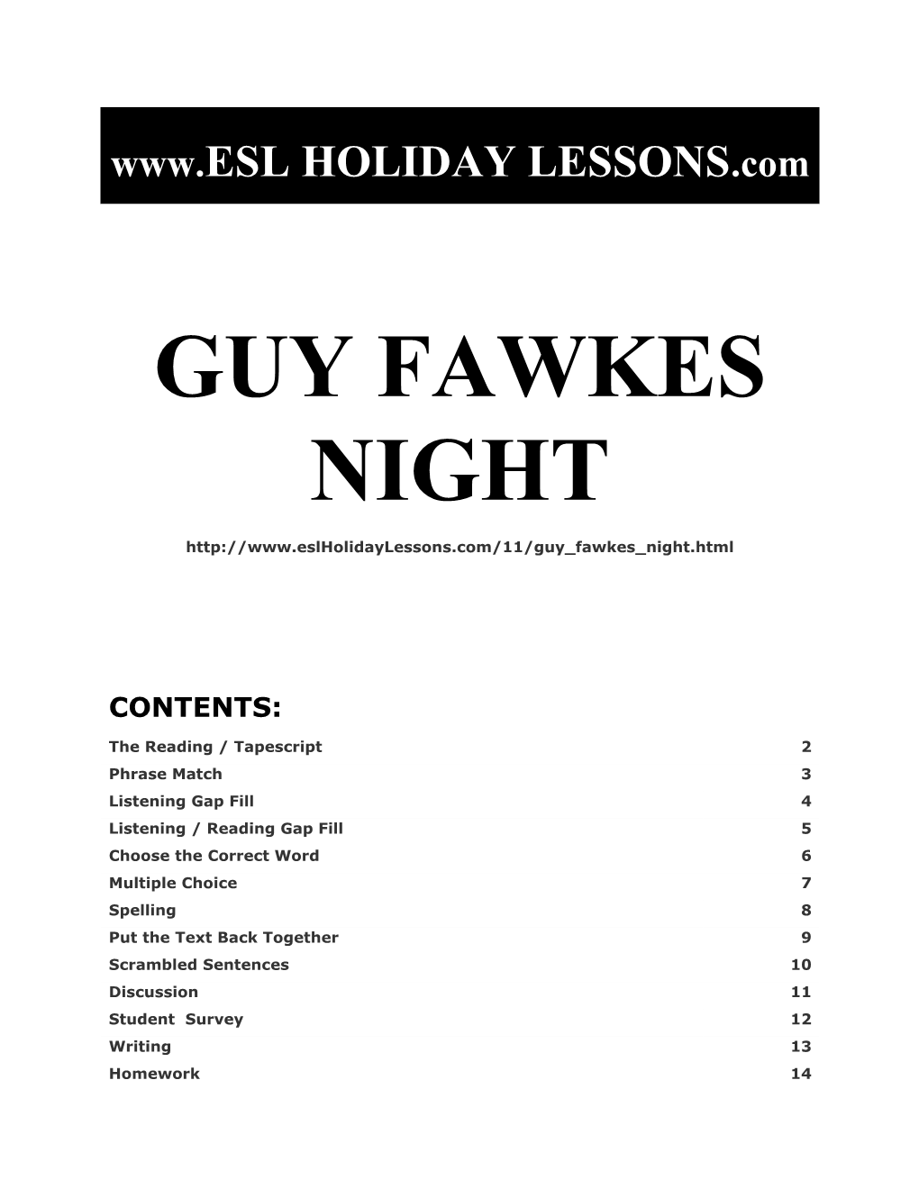 Holiday Lessons - Guy Fawkes Night