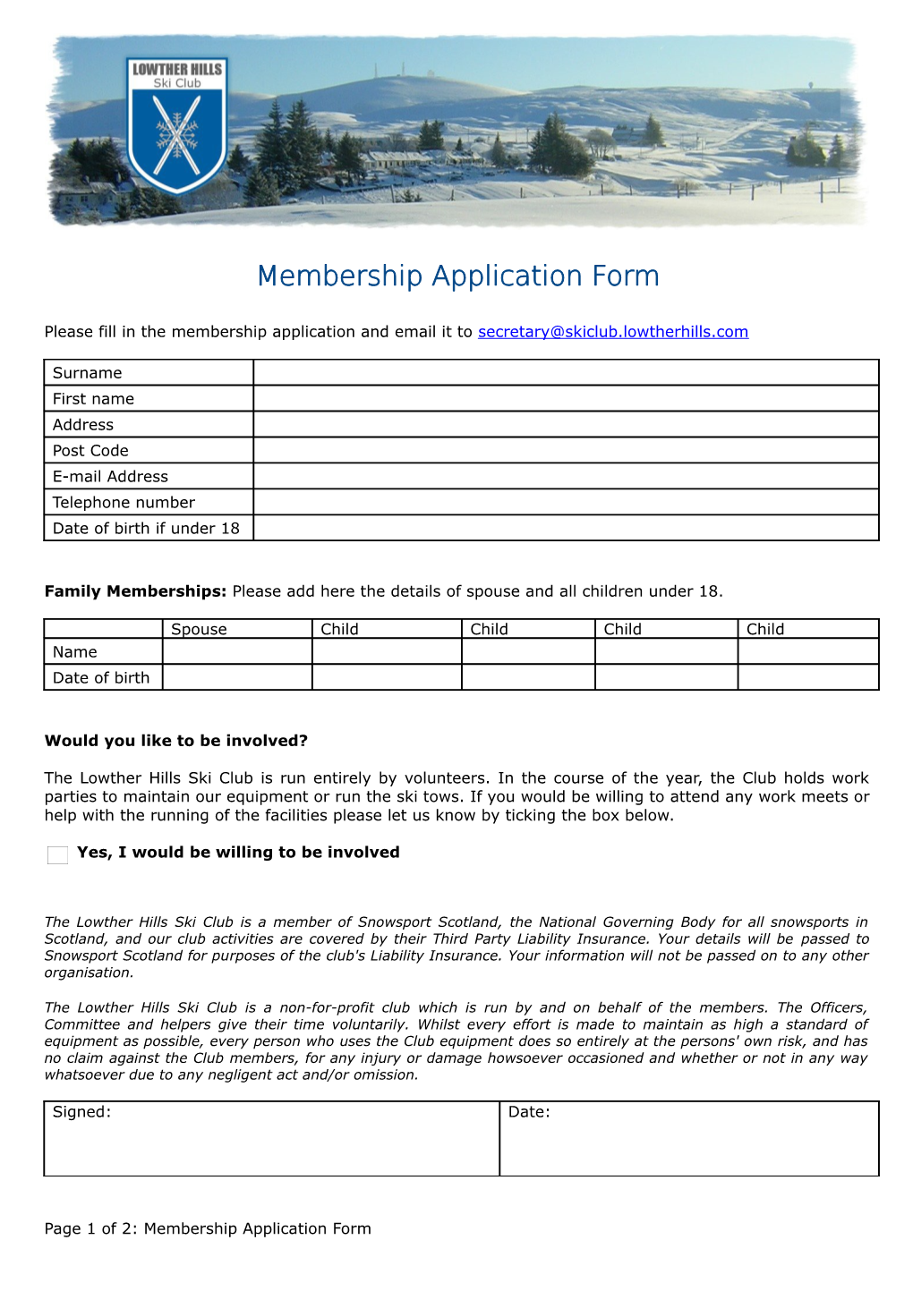 Membership Application Form - Lowther Hills Ski Club