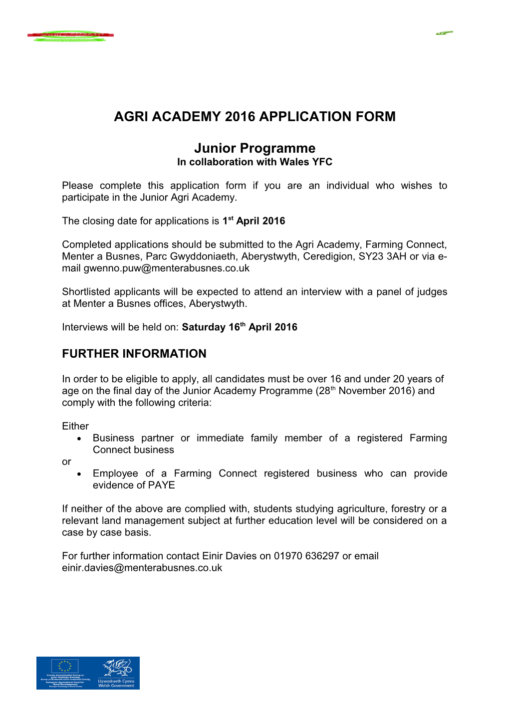 Agri Academy 2016 Application Form