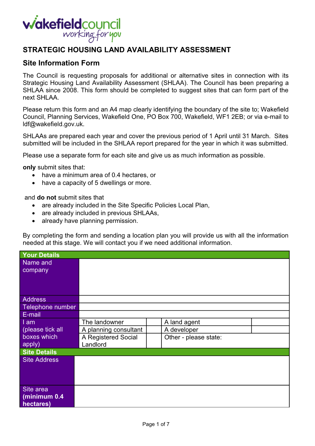 Strategic Housing Land Availability Assessment (SHLAA) 2015 Site Information Form