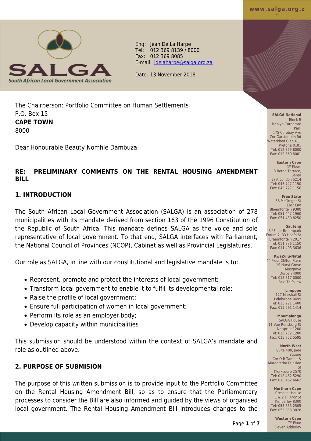 The Chairperson: Portfolio Committee on Human Settlements