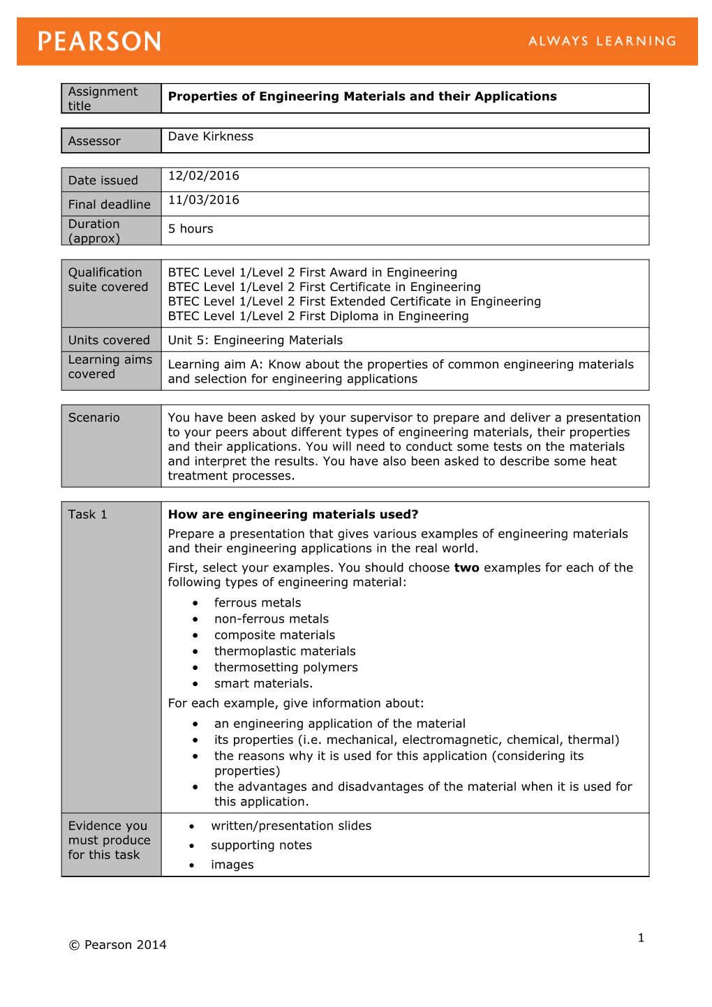 Unit 5: Engineering Materials - Authorised Assignment Brief for Learning Aim a (Version