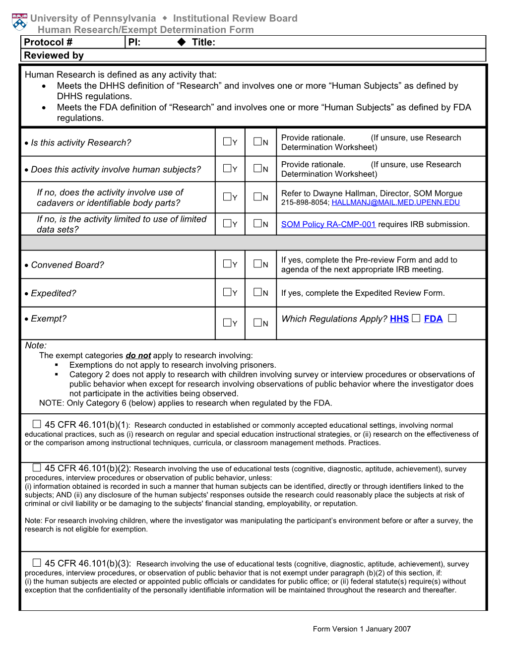 Human Research/Exempt Determination Form