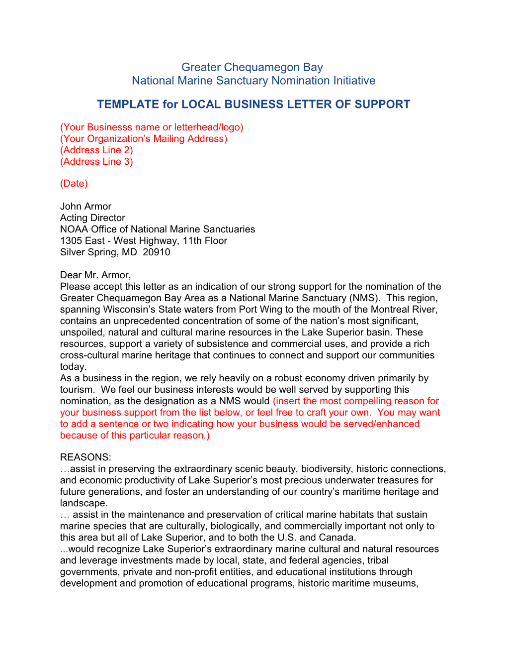 TEMPLATE for LOCAL BUSINESS LETTER of SUPPORT
