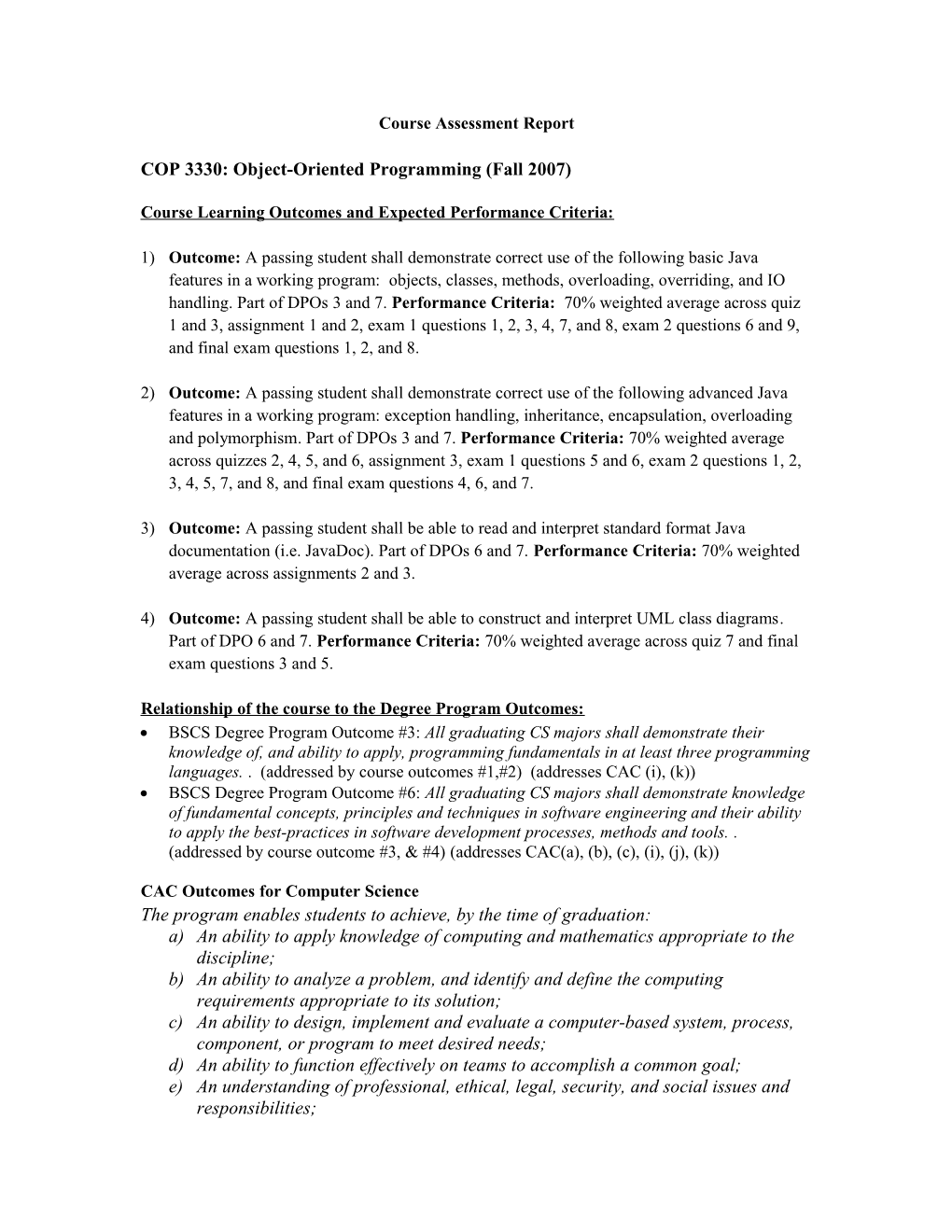 Course Assessment Report