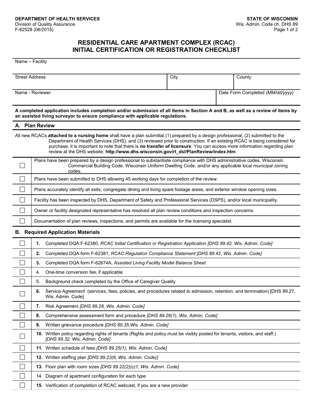 Residential Care Apartment Complex (RCAC) Initial Certification Or Registration Checklist