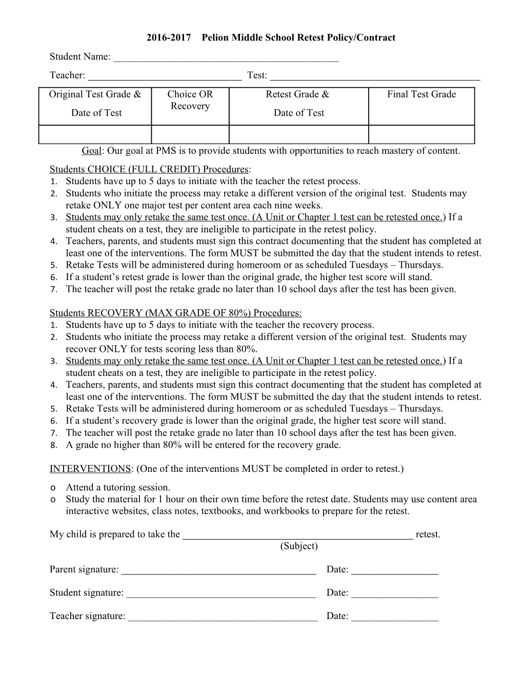 2016-2017 Pelion Middle School Retest Policy/Contract