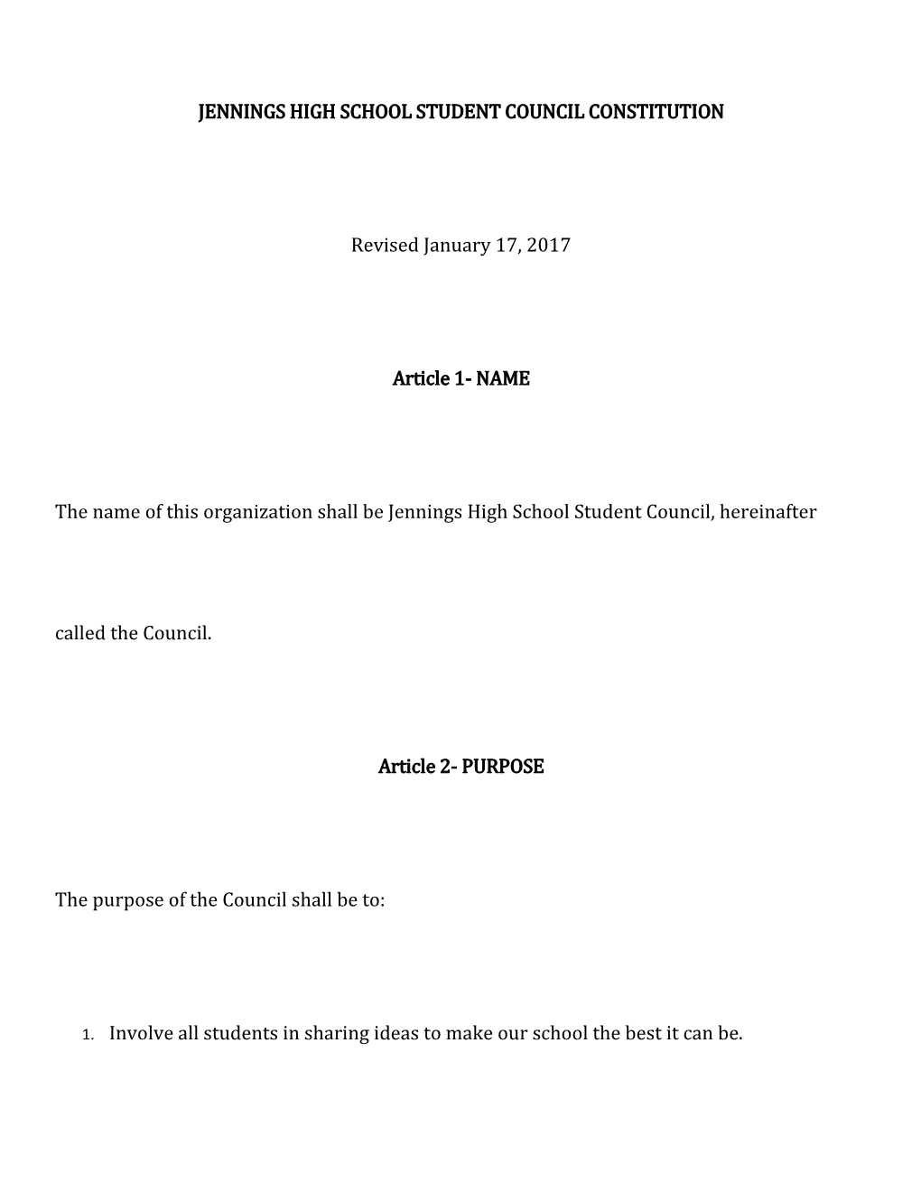 Jennings High School Student Council Constitution