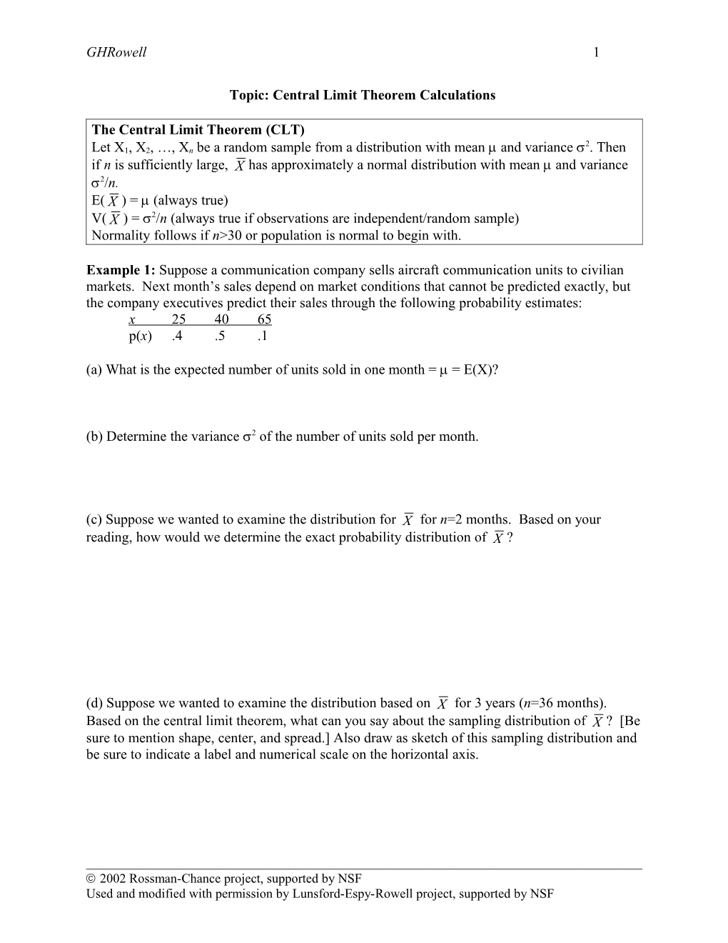 Topic: Central Limit Theorem Calculations