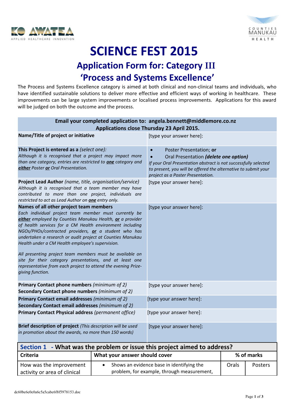 Application for Science Fest Process and Systems Excellence Category 2014