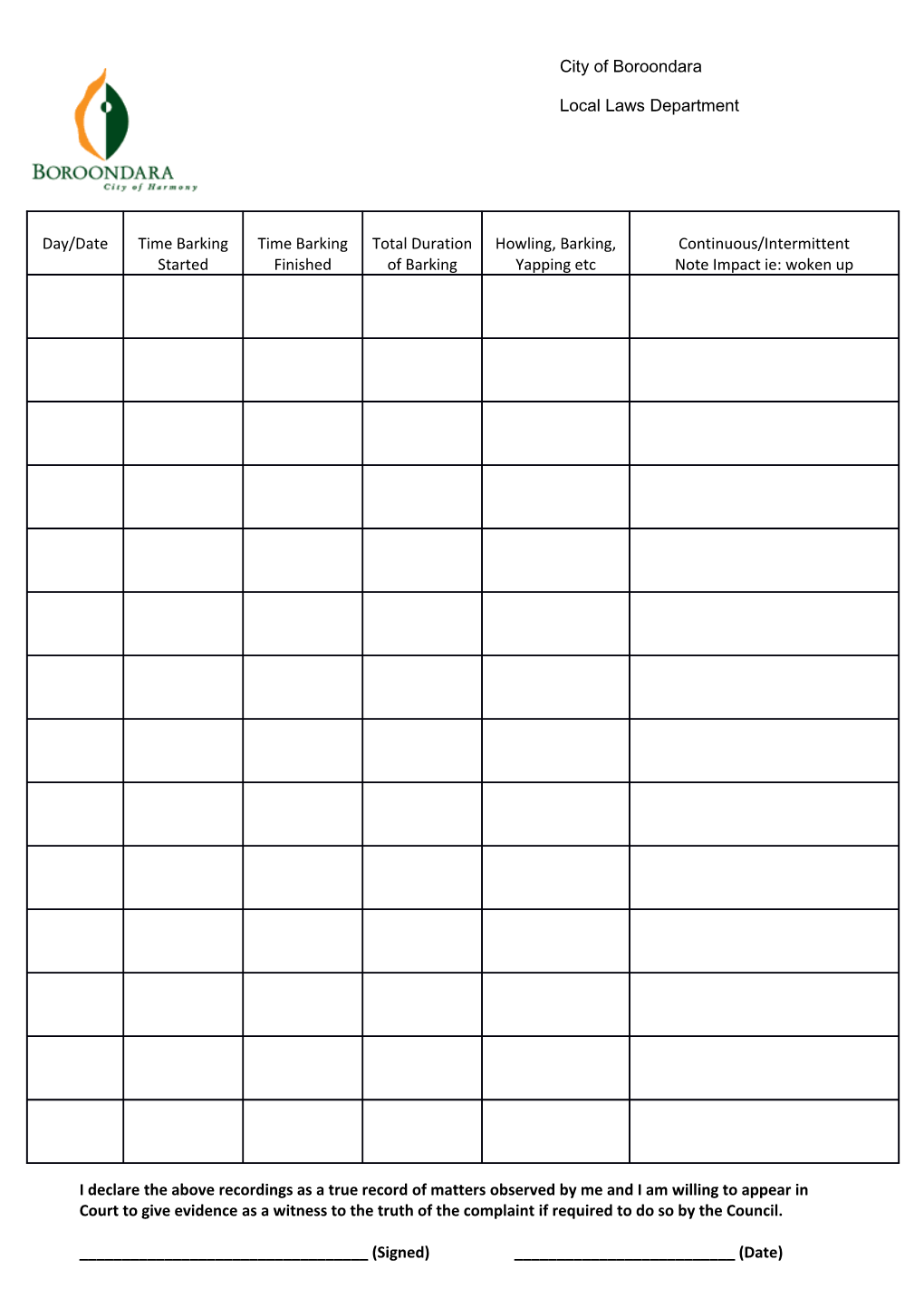 Barking Dog - Noise Complaint Diary Template