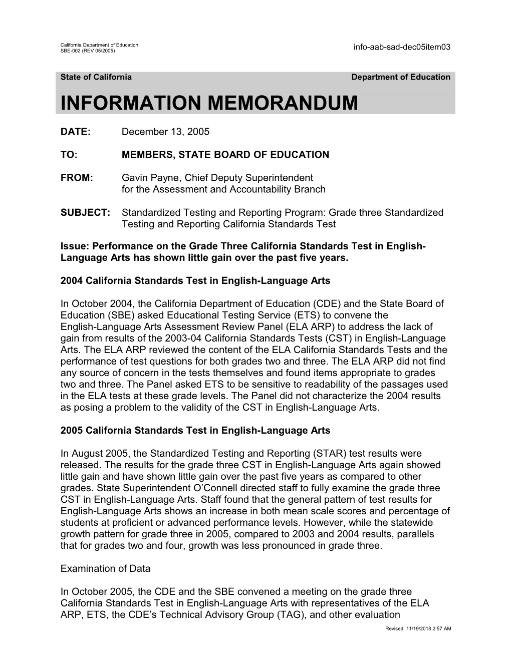 December 2005 SAD Item 3 - Information Memorandum (CA State Board of Education)