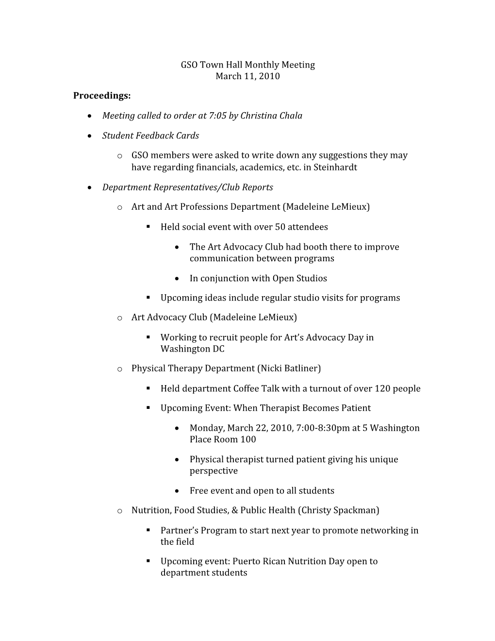 GSO Town Hall Monthly Meeting March 11, 2010