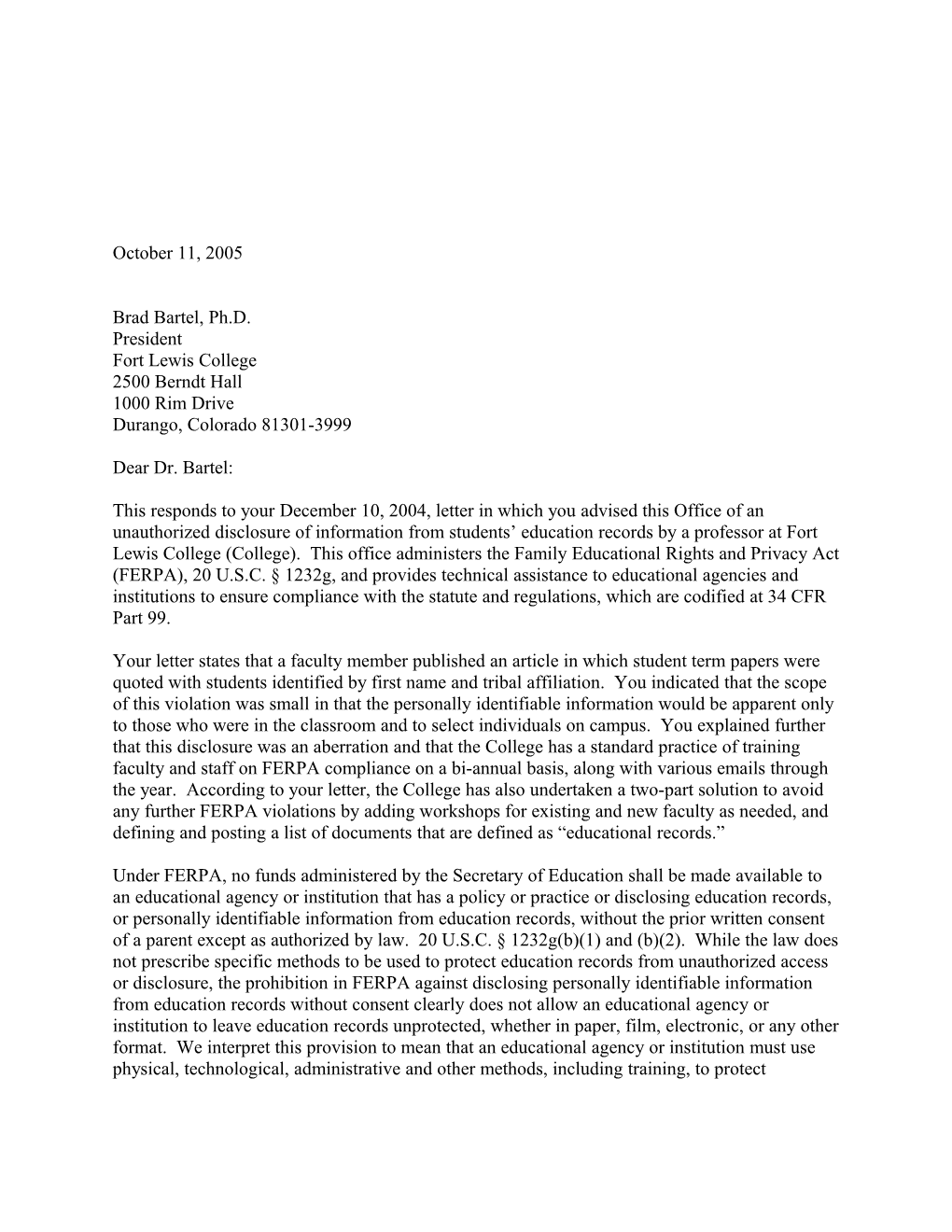 Letter to Fort Lewis College Re: Disclosure of Education Records by Faculty Member 10/11/05