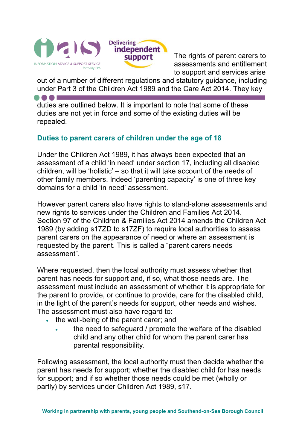 Duties to Parent Carers of Children Under the Age of 18