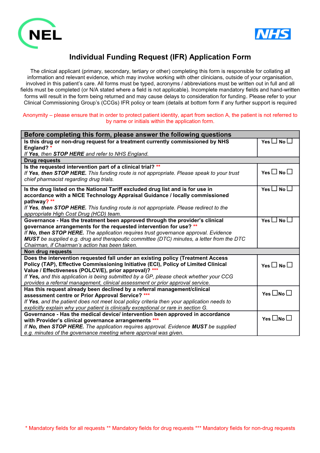 Individual Funding Request (IFR) Application Form