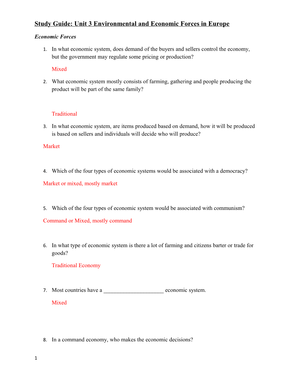 Study Guide:Unit 3 Environmental and Economic Forces in Europe