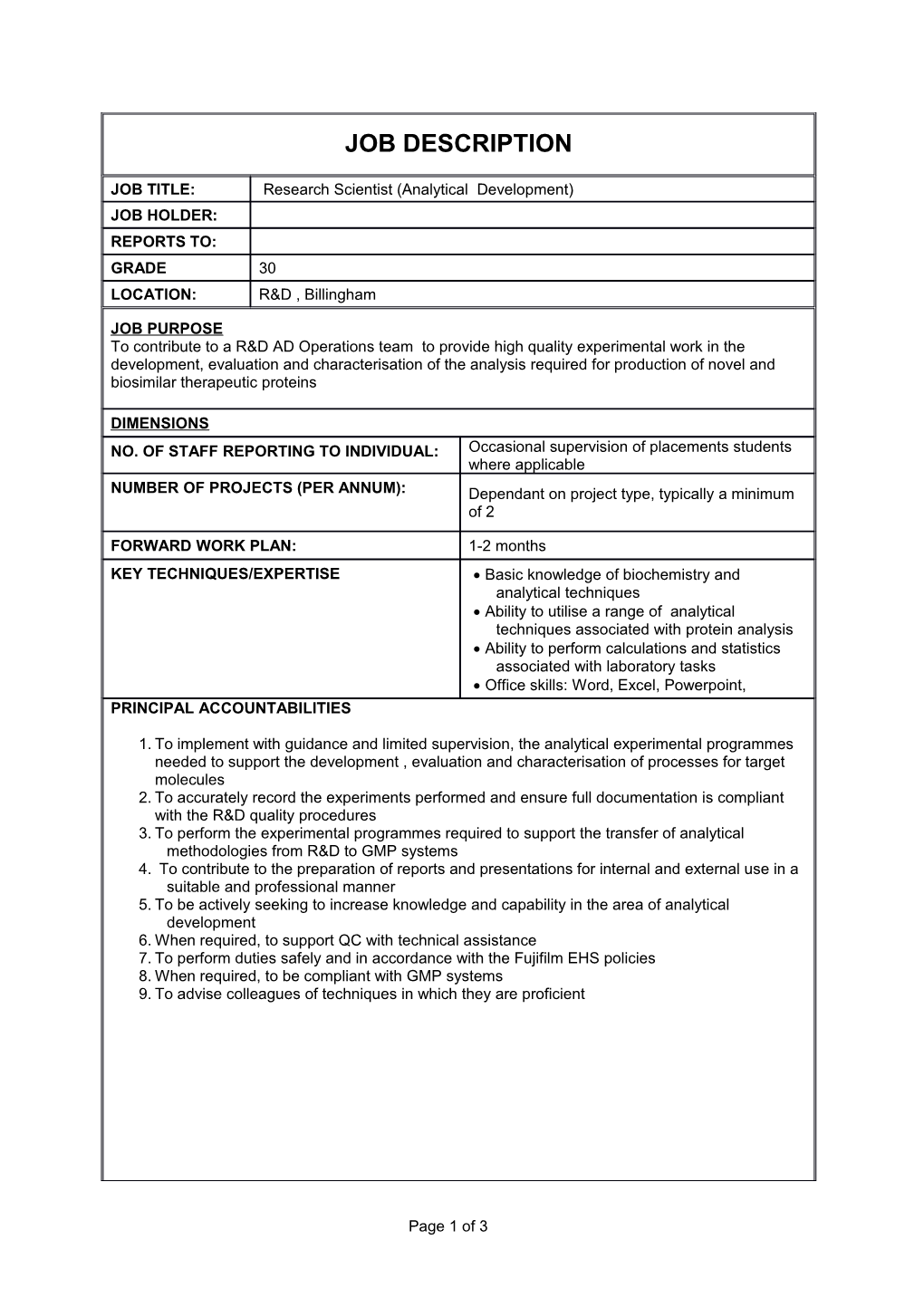 Appendix Two - Form 22 - Job Description