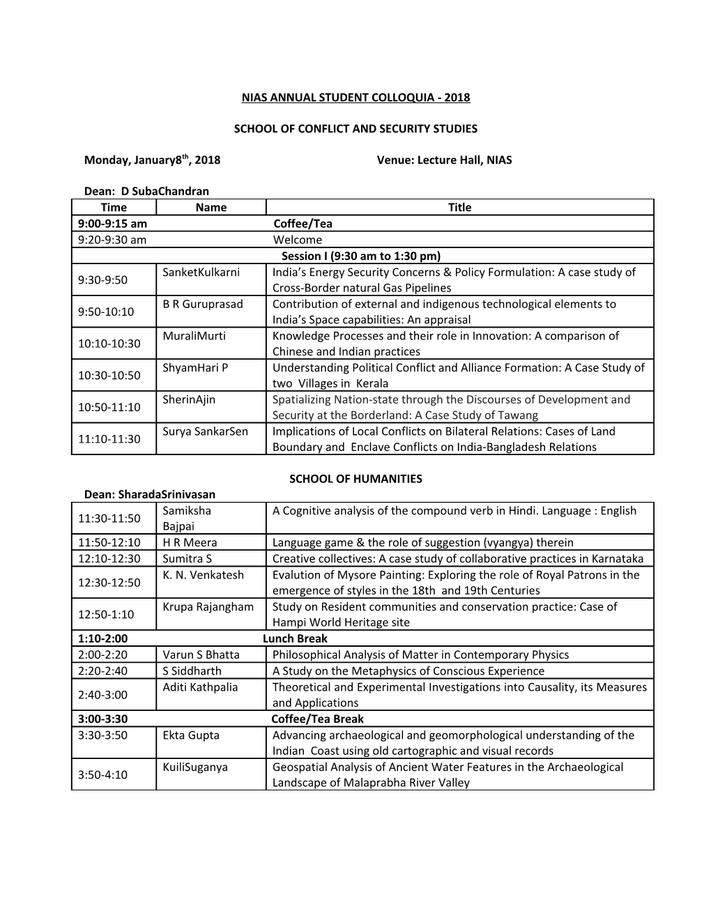 Nias Annual Student Colloquia - 2018