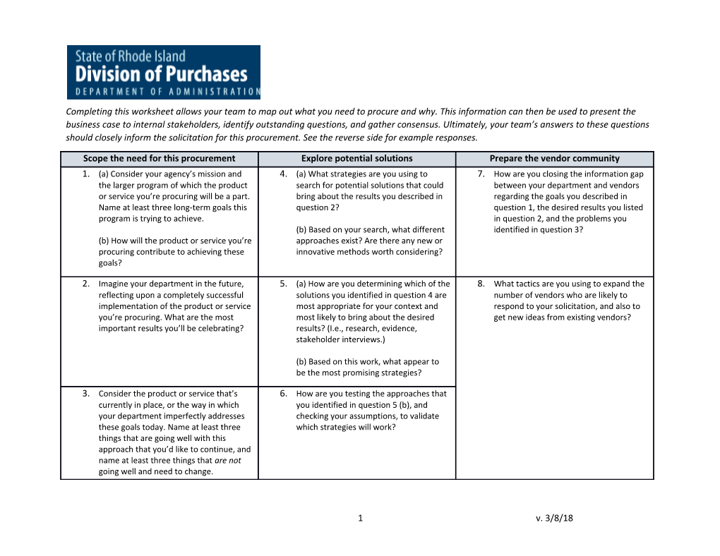 Completing This Worksheet Allows Your Team to Map out What You Need to Procure and Why