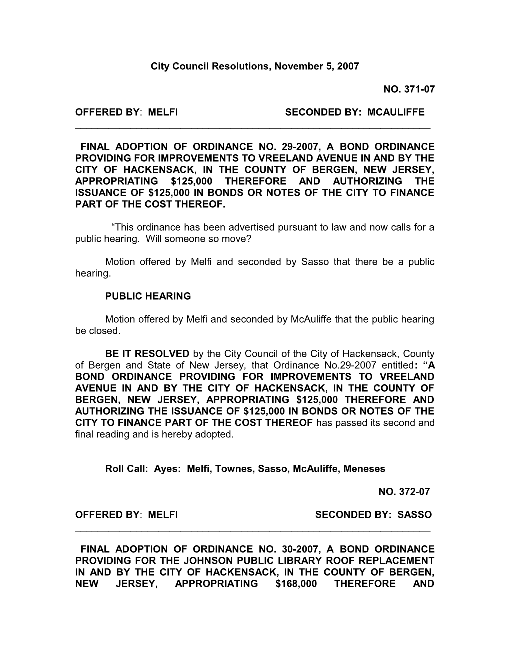 City Council Resolutions, November 5, 2007