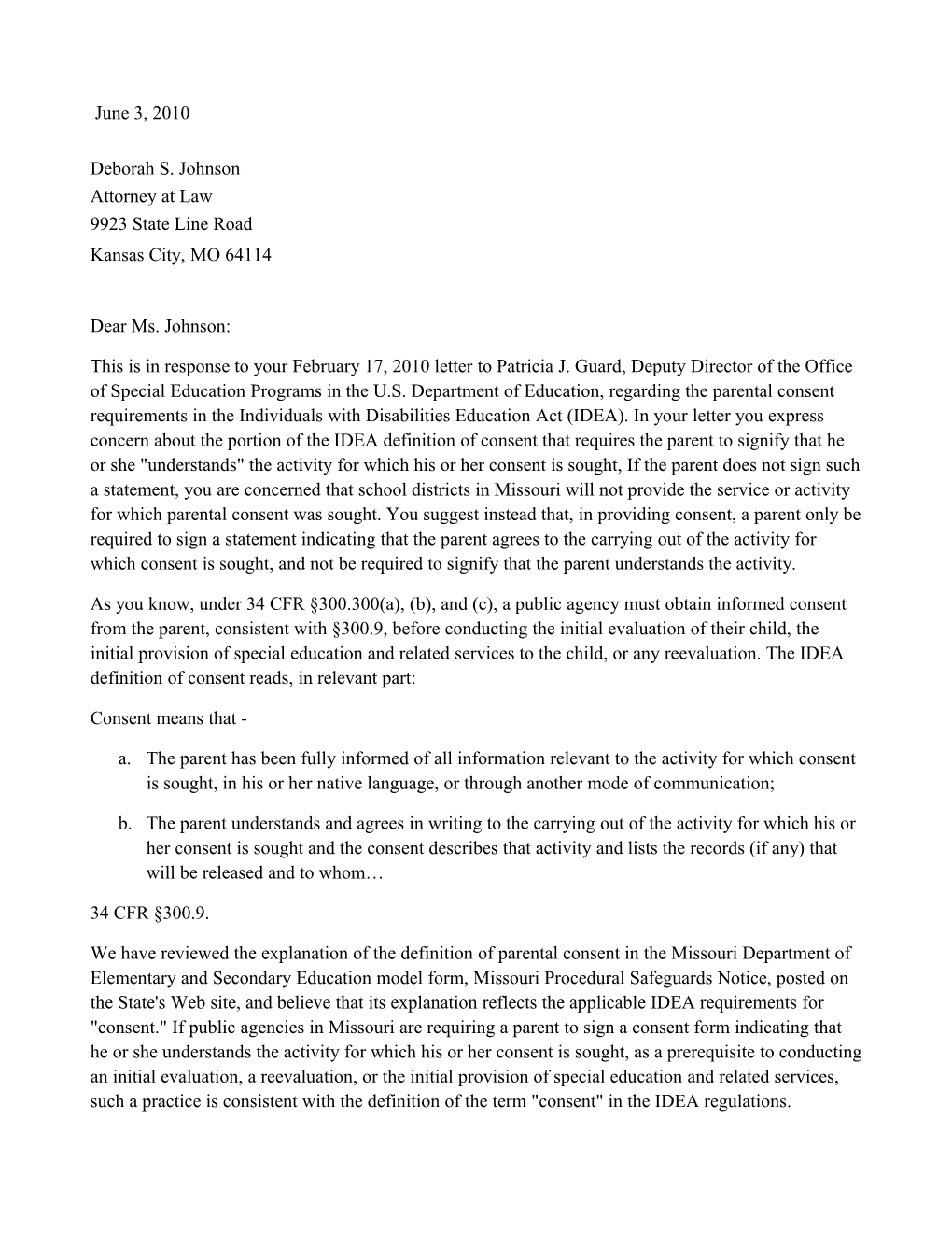 Johnson Letter Dated 06/03/10 Re: Evaluations, Parental Consent, and Reevaluations (MS Word)