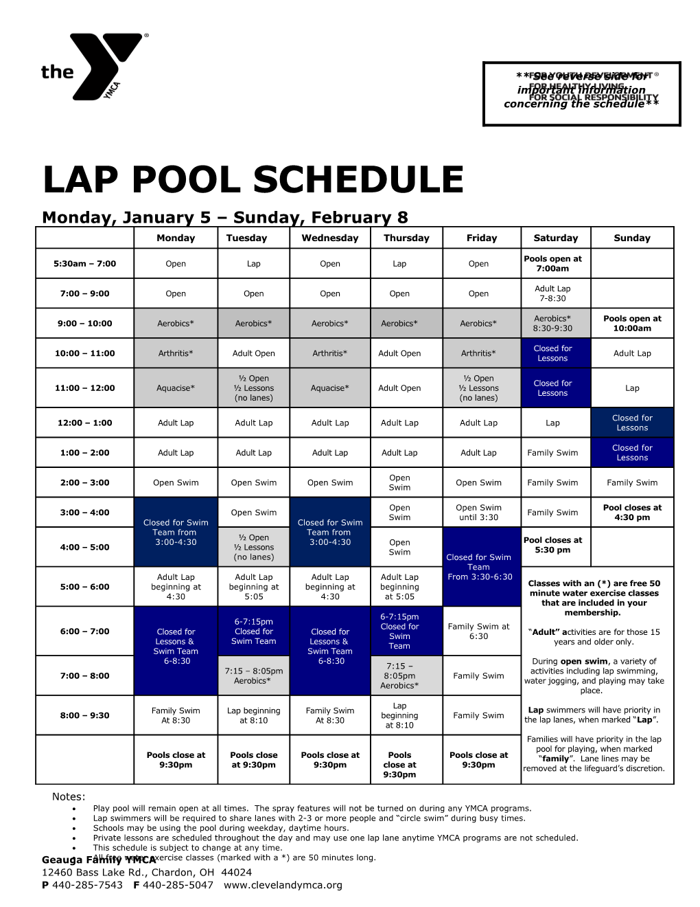 LAP Pool Schedule