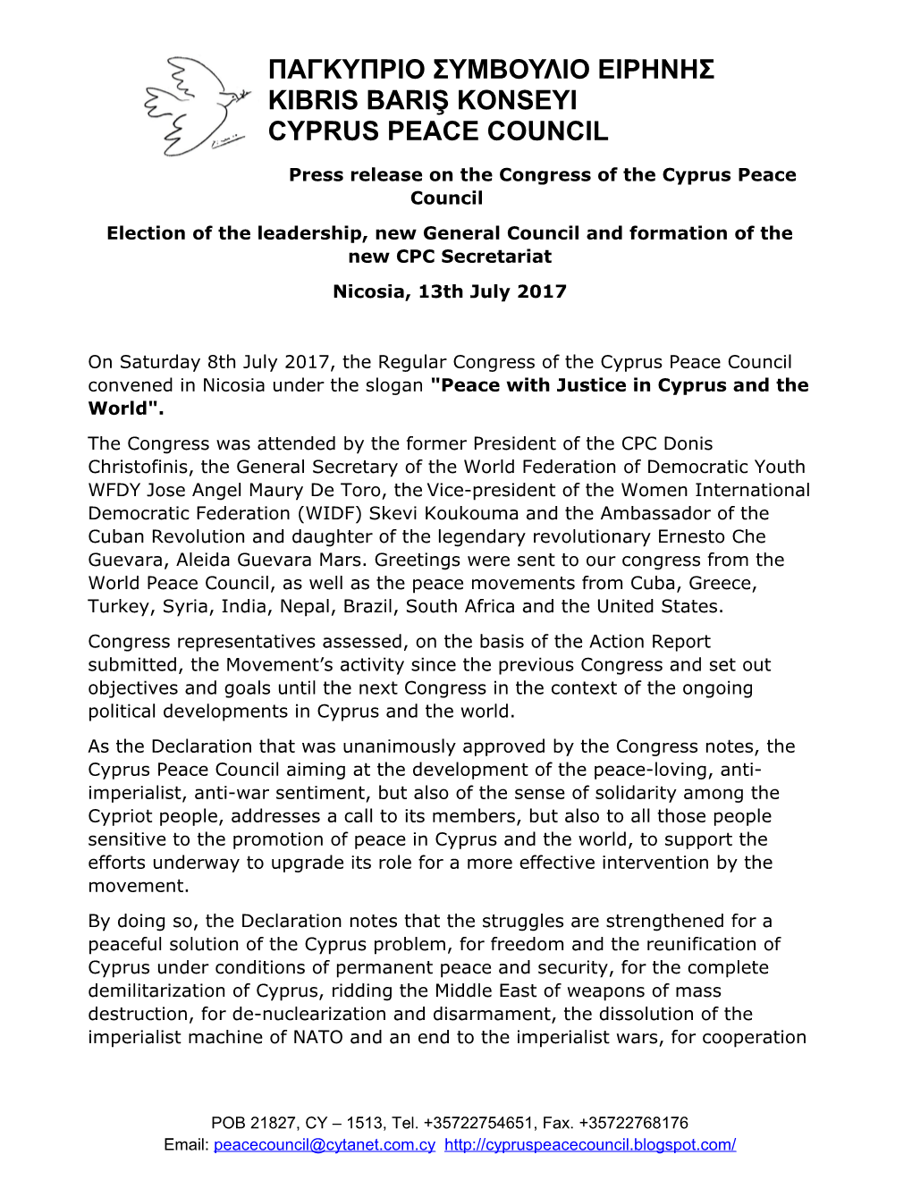 Press Release on the Congress of the Cyprus Peace Council