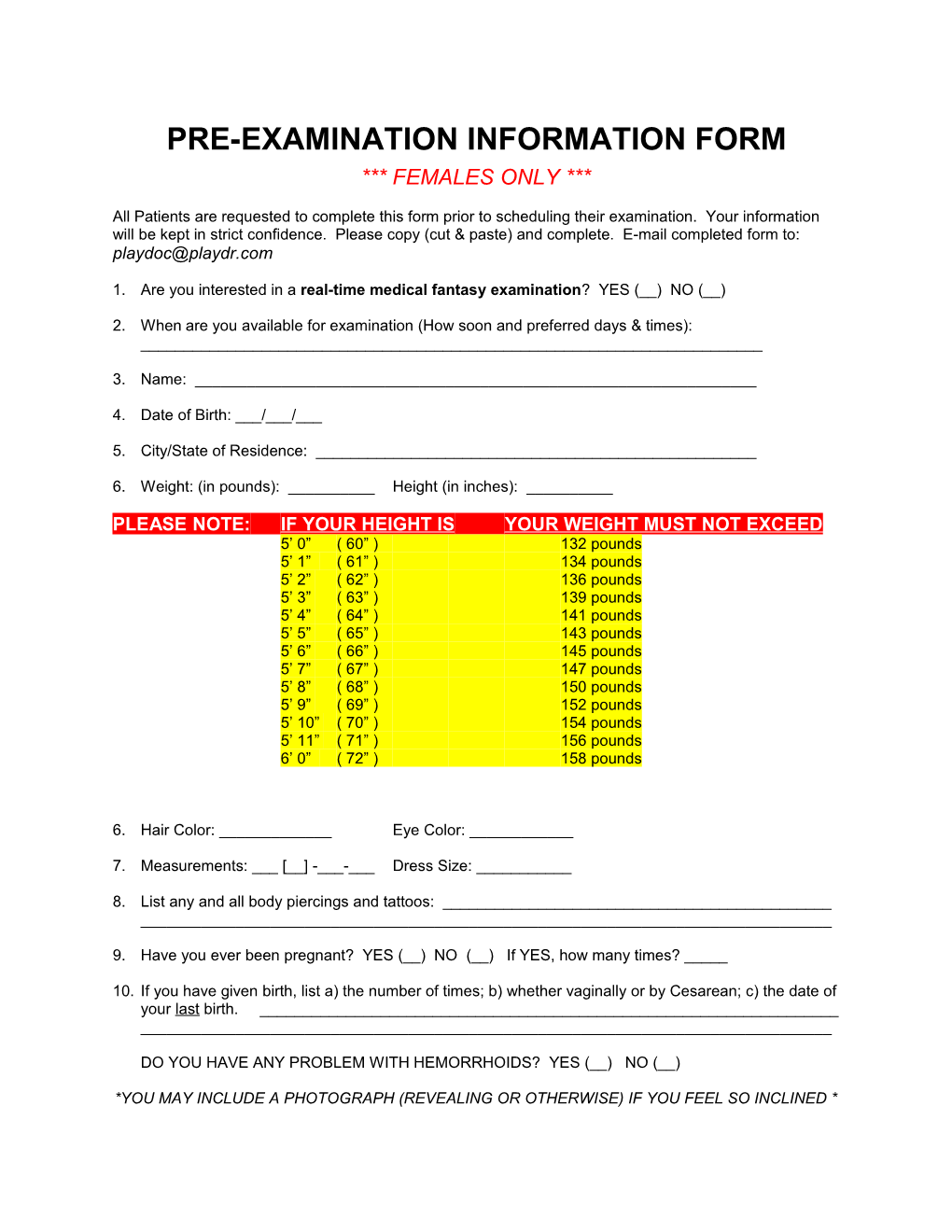 Pre-Examination Information Form