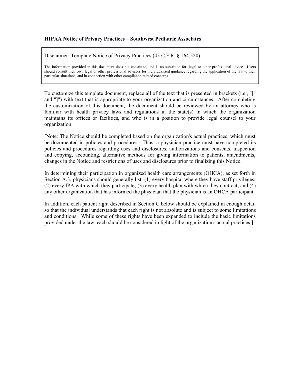 HIPAA Notice of Privacy Practices Southwest Pediatric Associates