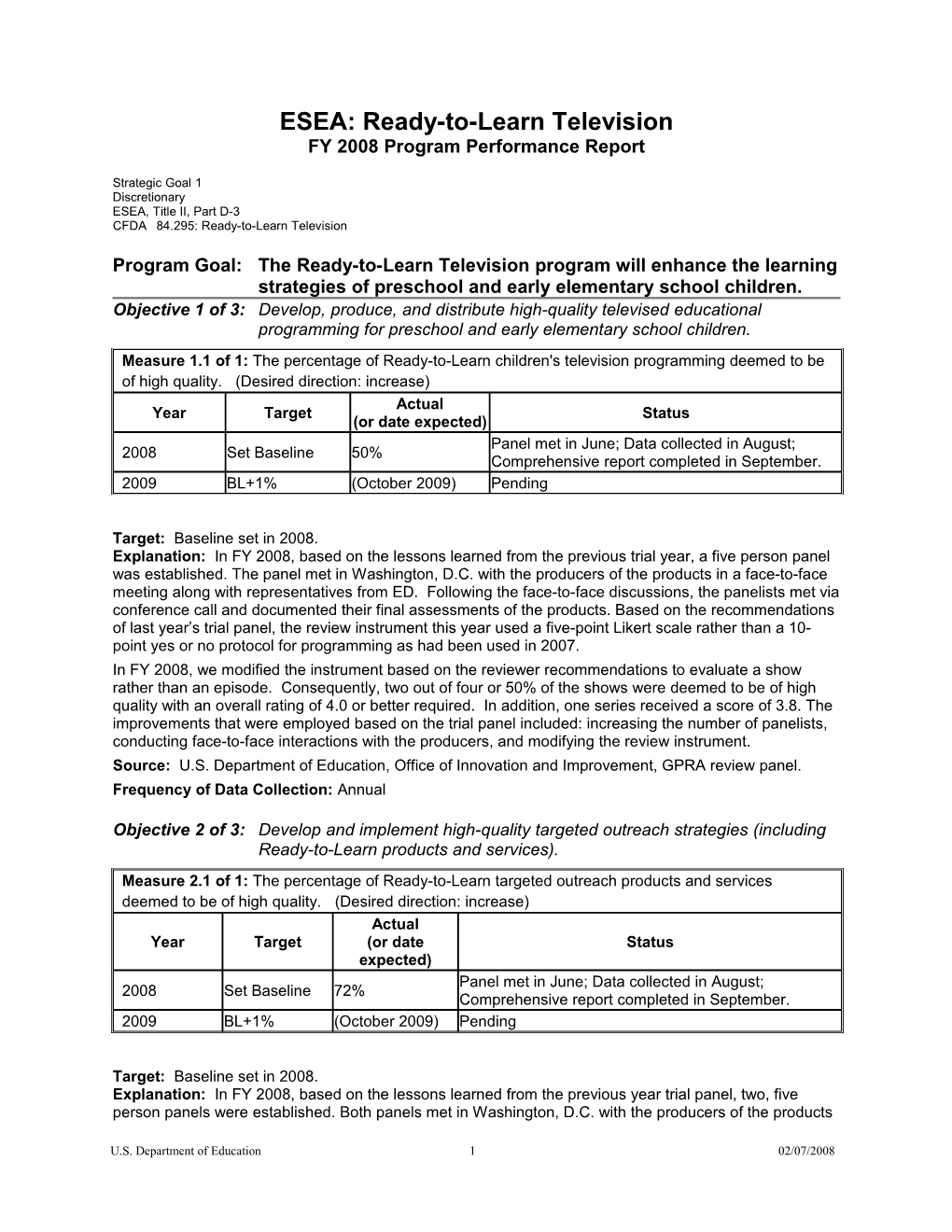 Target: Baseline Set in 2008