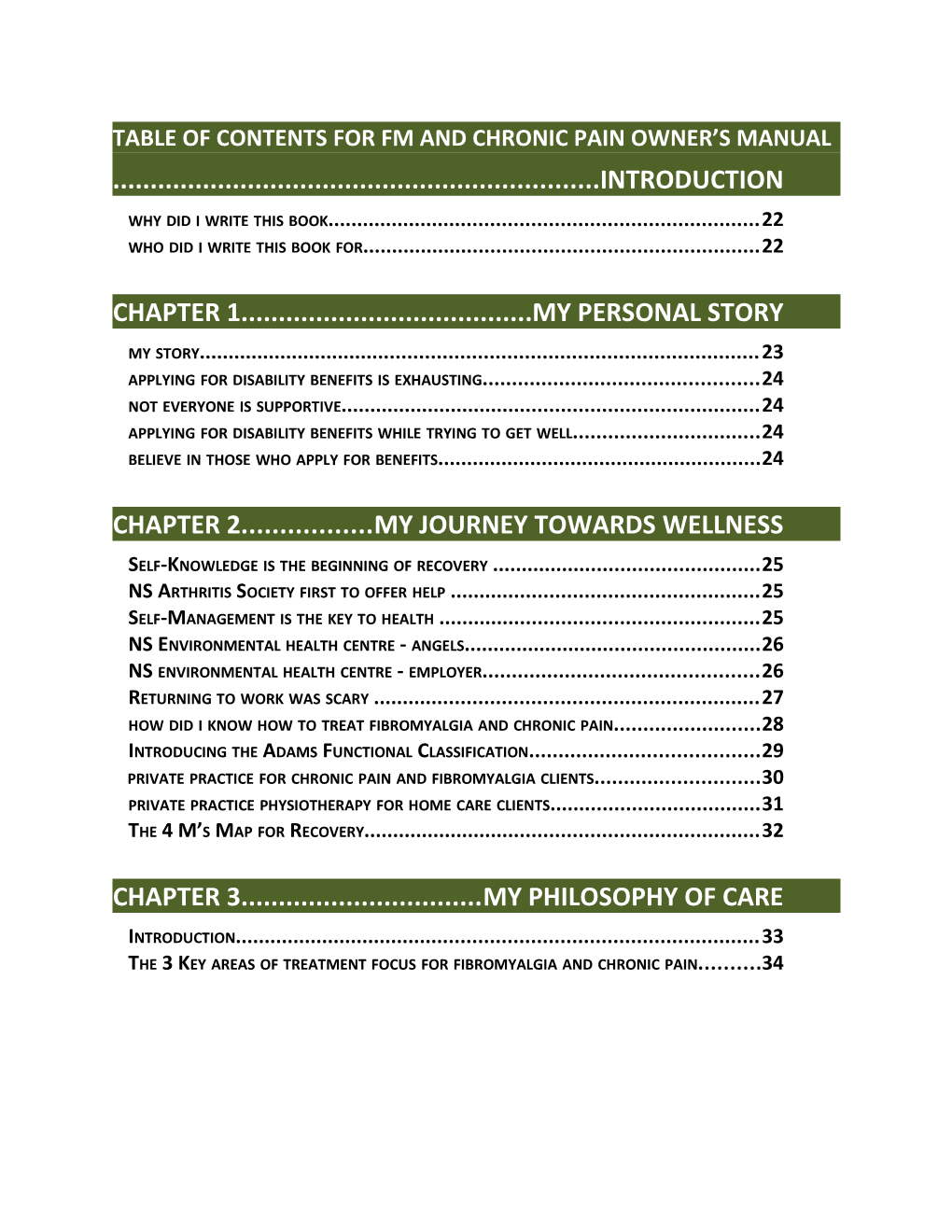 Table of Contents for FM and Chronic Pain Owner S Manual