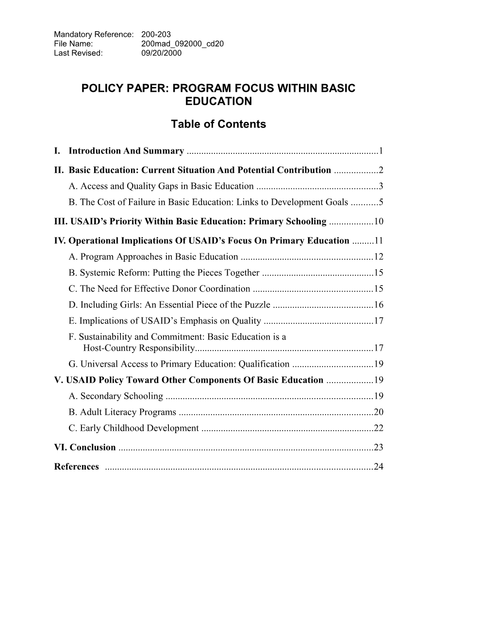Policy Paper: Program Focus Within Basic Education