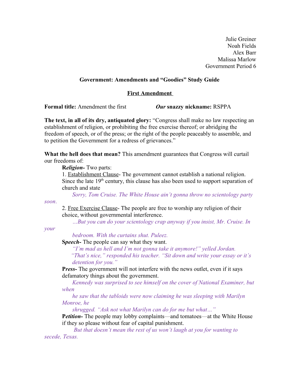 Government: Amendments and Goodies Study Guide