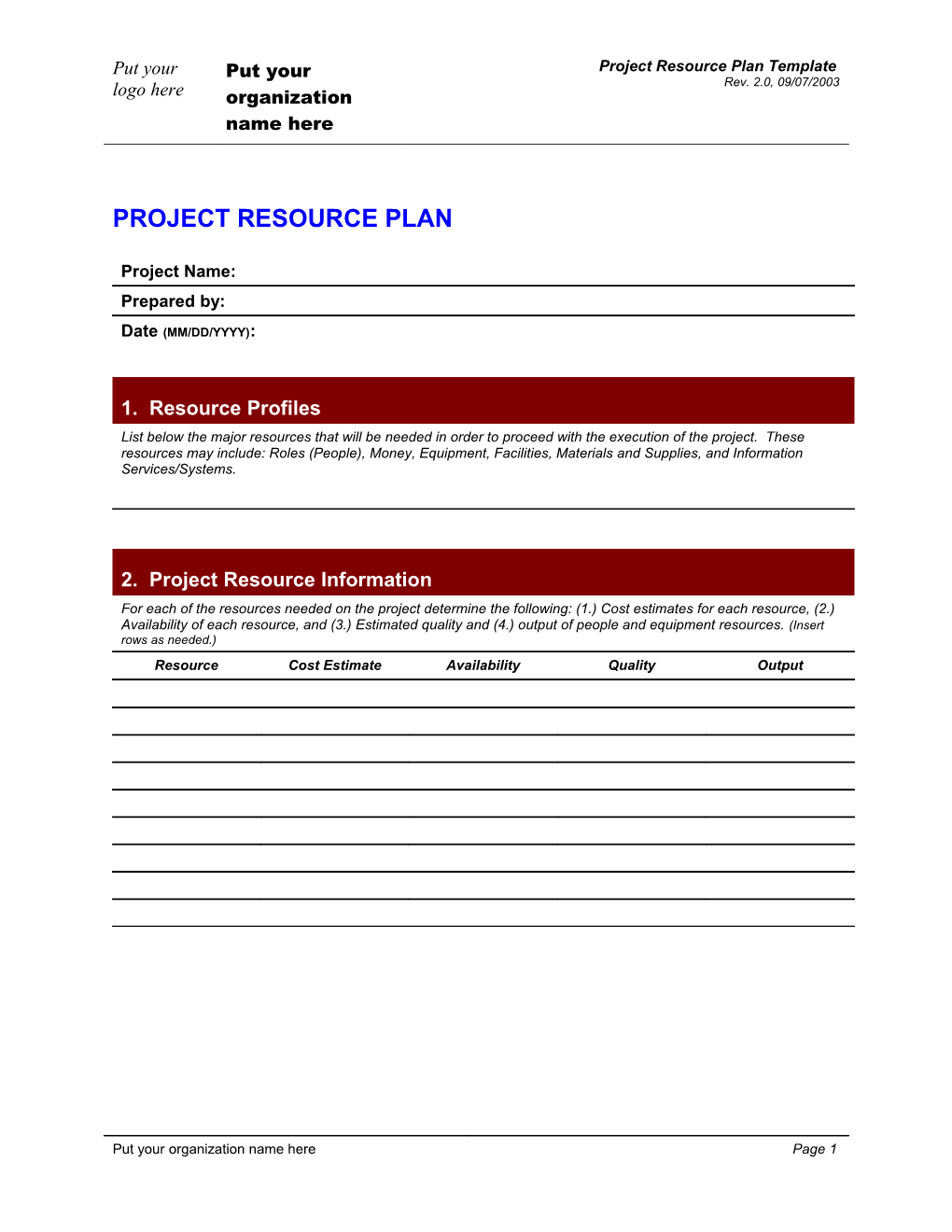 Project Resource Plan Template
