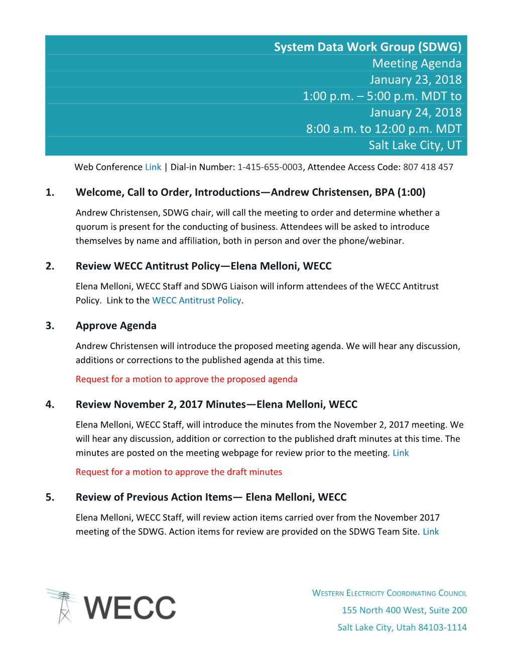 SDWG Meeting Agenda January 23-24, 20181