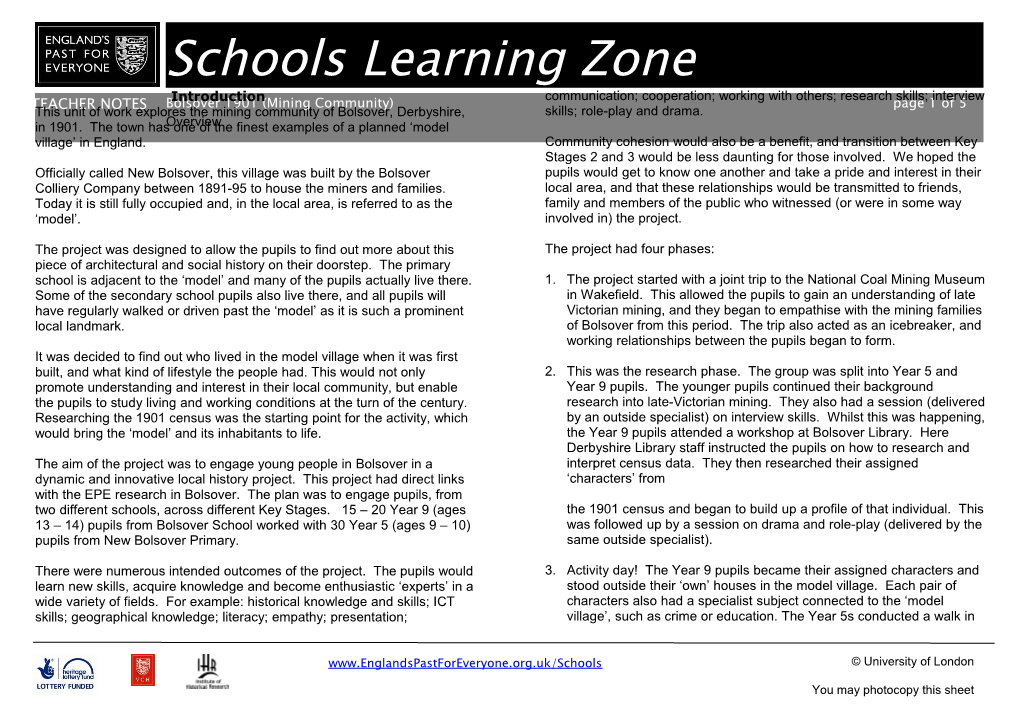 Introduction This Unit of Work Explores the Mining Community of Bolsover, Derbyshire, In