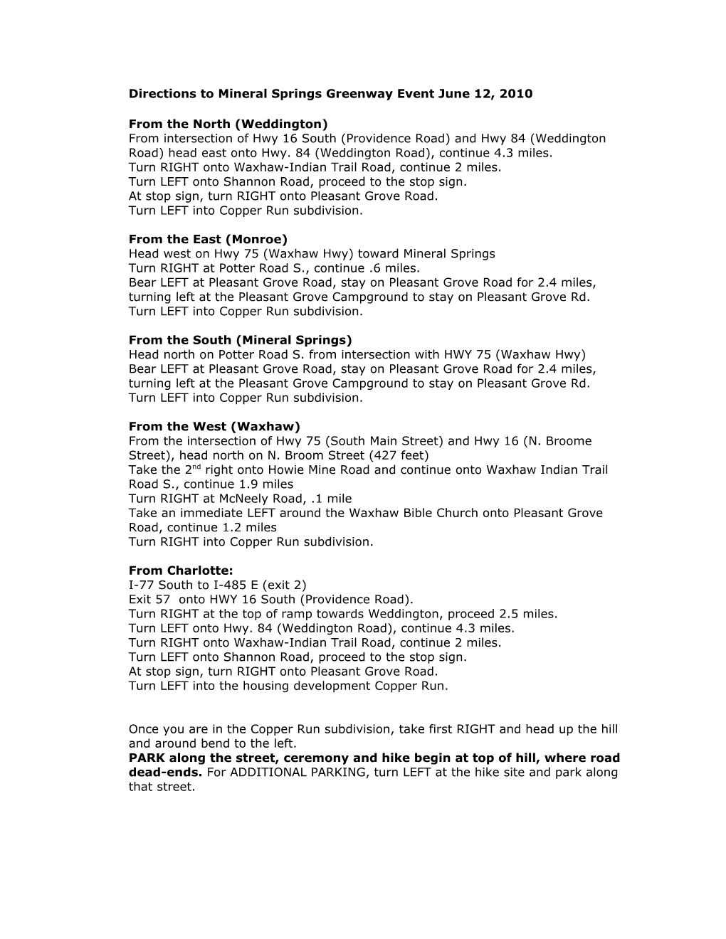 Directions to Mineral Springs Greenway Event June 12, 2010