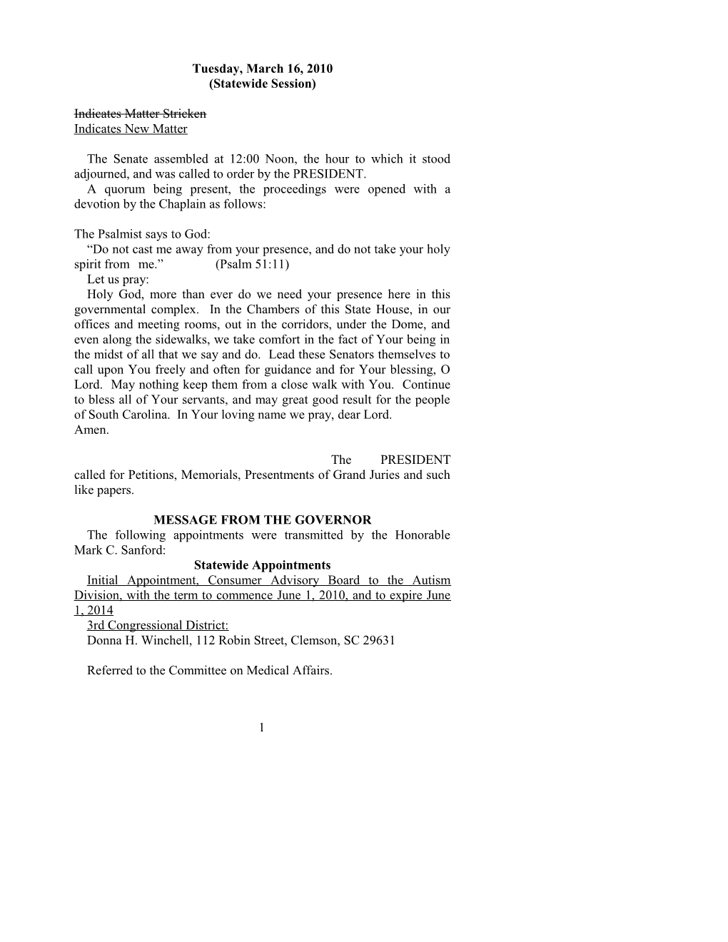 Senate Journal for Mar. 16, 2010 - South Carolina Legislature Online