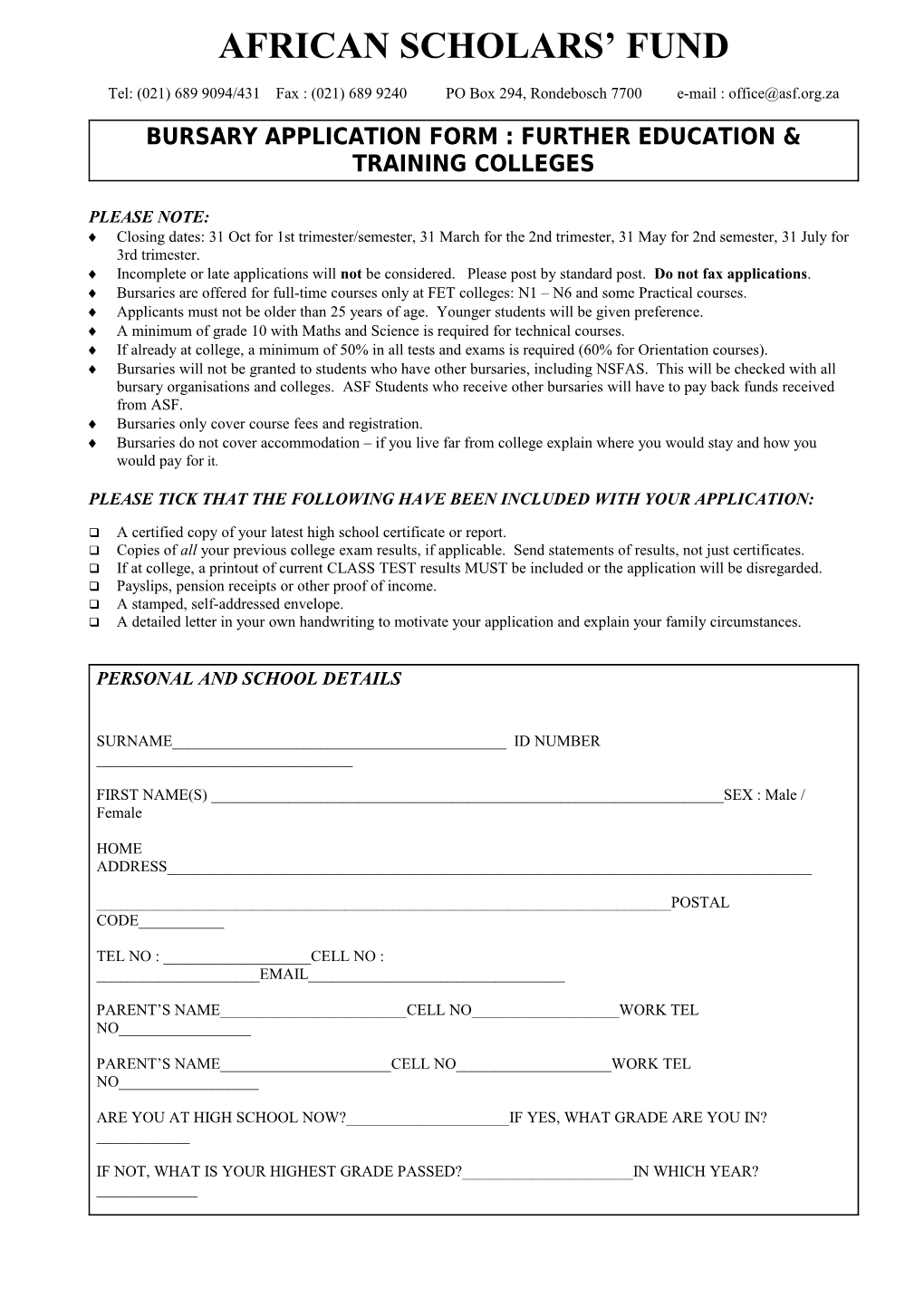Bursary Application Form : Further Education & Training Colleges