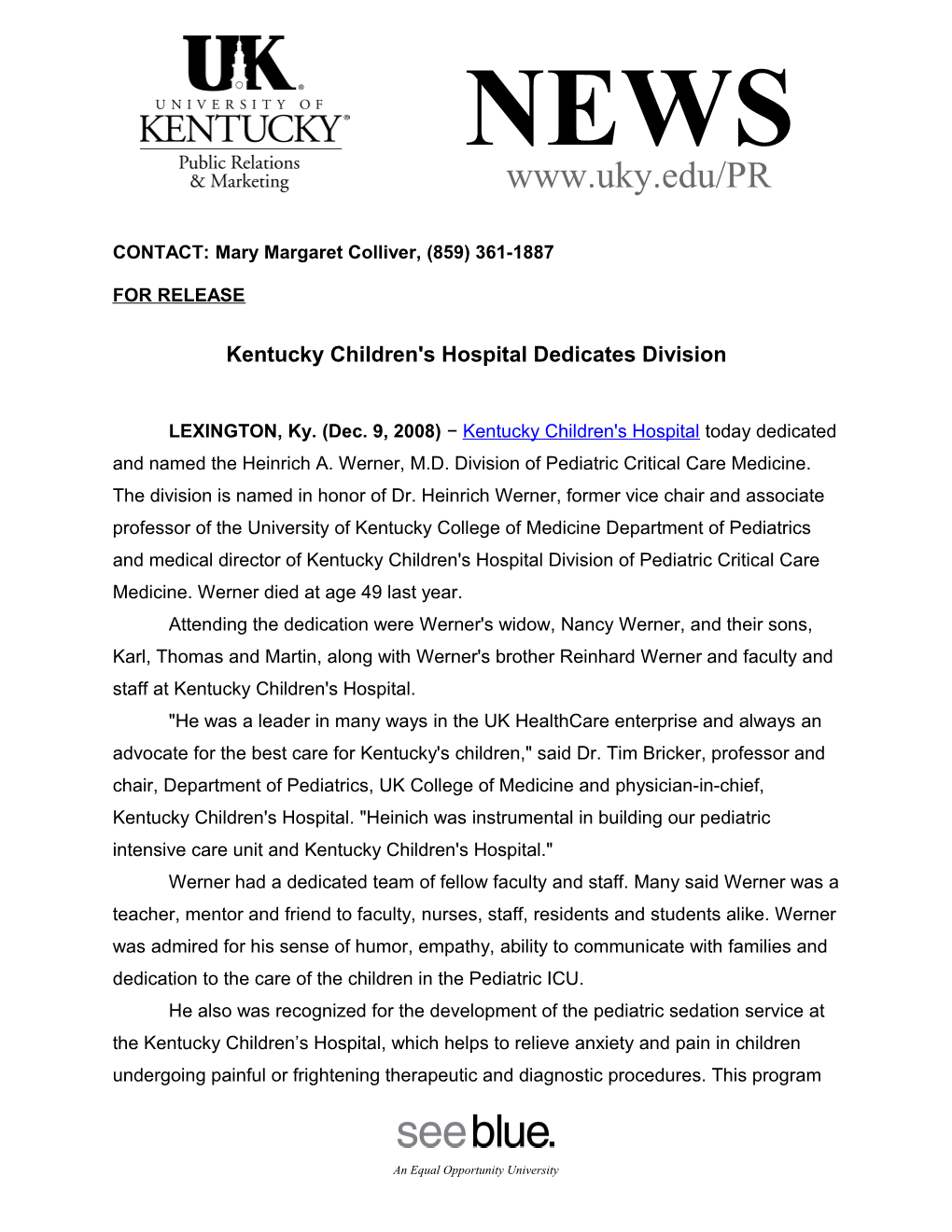 Kentucky Children's Hospital Dedicates Division