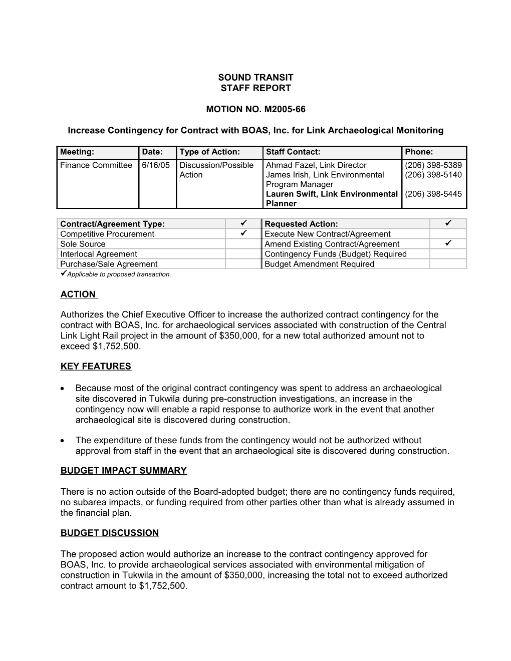 Increase Contingency for Contract with BOAS, Inc. for Link Archaeological Monitoring